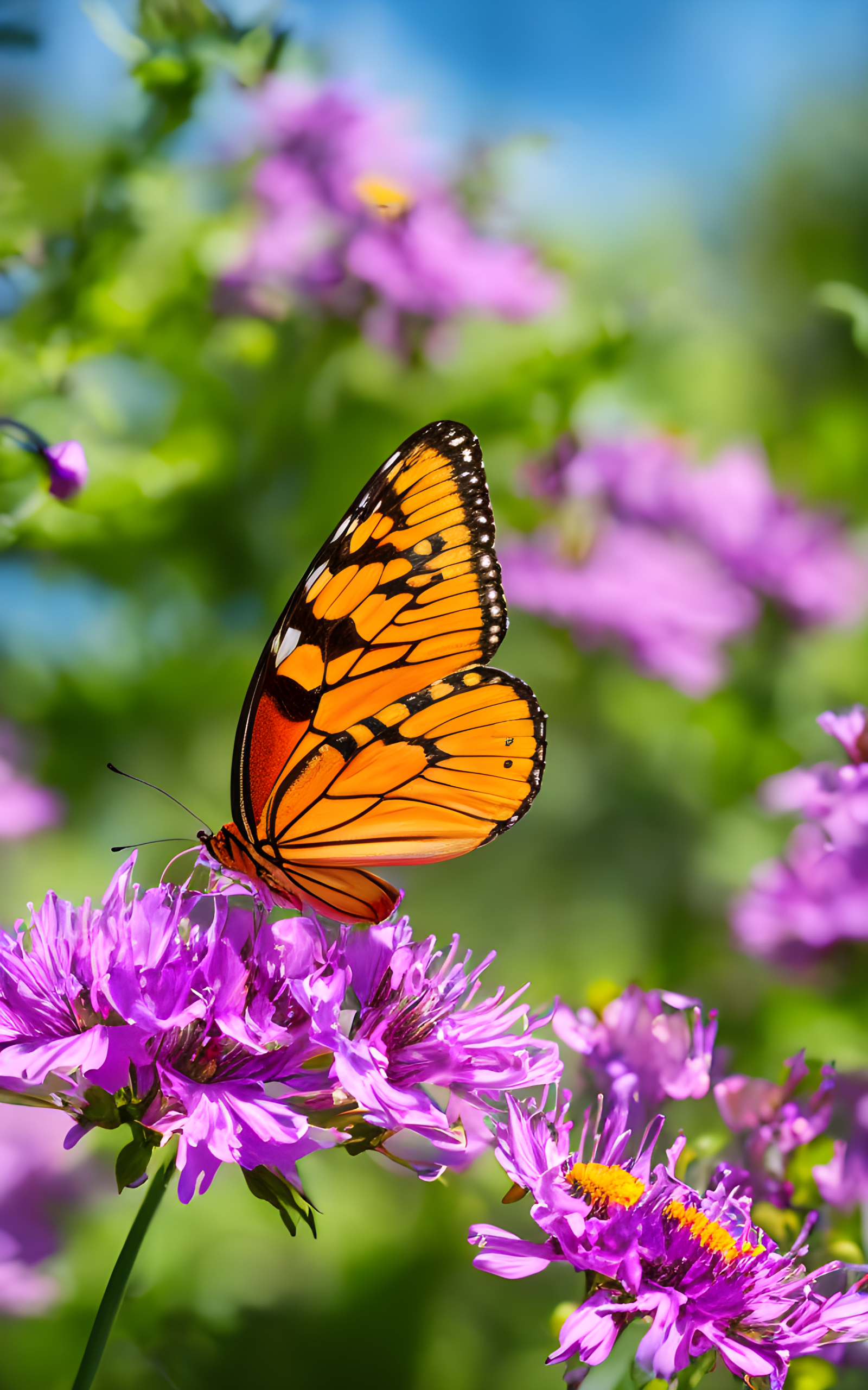 Close-up of a monarch butterfly perched on blooming purple aster flowers in spring.